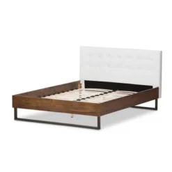 King Mitchell Rustic Industrial Walnut Wood And Faux Leather Metal Platform Bed White - Baxton Studio -Famous Furniture Store GUEST cea5493f 77a7 4a5d 9409 8941f6ebd0bf