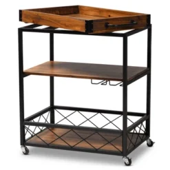 Capri Oak And Finished Mobile Metal Bar Cart With Stemware Rack Brown - Baxton Studio -Famous Furniture Store GUEST d0723d84 efec 450f 86c9 f51bf287c67e