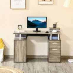 HOMCOM 47" Computer Desk With Keyboard Tray And Storage Drawers, Home Office Workstation Table With Storage Shelves