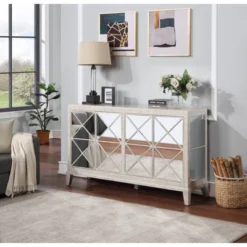 Simple Contemporary Style 4 Door Credenza With Mirrored Door Fronts Metallic Finish White - Treasure Trove -Famous Furniture Store GUEST d7c9a9c7 86d7 42dd 8925 89ea07757d41