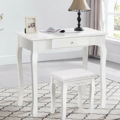 Costway White Vanity Wood Makeup Dressing Table Stool 3 Drawer 3 Costway White Vanity Wood Makeup Dressing Table Stool 3 Drawer