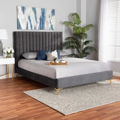 Queen Serrano Velvet Fabric Upholstered And Metal Platform Bed Gray/Gold - Baxton Studio 3 Queen Serrano Velvet Fabric Upholstered And Metal Platform Bed Gray/Gold - Baxton Studio
