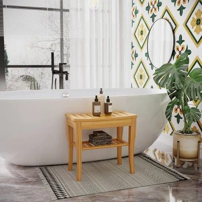 HOMCOM Long Bamboo Shower Bench Seat, 20" Wooden Spa Shower Stool With Underneath Storage Shelf Shoe Organizer 4 HOMCOM Long Bamboo Shower Bench Seat, 20" Wooden Spa Shower Stool With Underneath Storage Shelf Shoe Organizer - Image 2