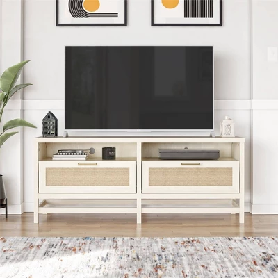 Latta TV Stand For TVs Up To 60" With Faux Rattan Ivory Oak - Room & Joy 4 Latta TV Stand For TVs Up To 60" With Faux Rattan Ivory Oak - Room & Joy - Image 2