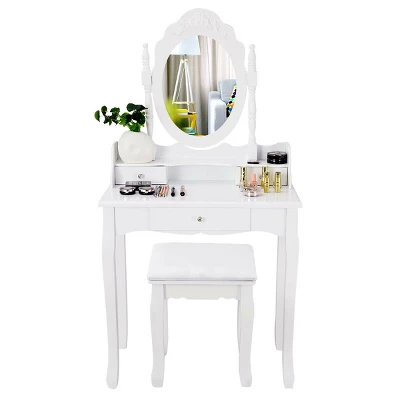Costway White Vanity Wood Makeup Dressing Table Stool 3 Drawer 9 Costway White Vanity Wood Makeup Dressing Table Stool 3 Drawer - Image 7