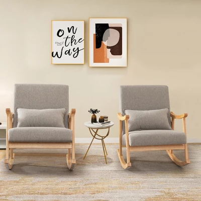 Costway Upholstered Rocking Chair With Pillow Rocking Armchair With Rubber Wood Frame Grey 4 Costway Upholstered Rocking Chair With Pillow Rocking Armchair With Rubber Wood Frame Grey - Image 2