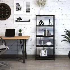 Lavish Home 5-Tier Open Industrial Style Wooden Bookshelf, Black Woodgrain -Famous Furniture Store GUEST e821f517 335b 4a87 8d07 57941491cabd