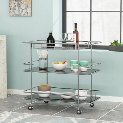 Bridger Modern 3 Tier Bar Cart With Glass Shelving Silver/Black - Christopher Knight Home 3 Bridger Modern 3 Tier Bar Cart With Glass Shelving Silver/Black - Christopher Knight Home