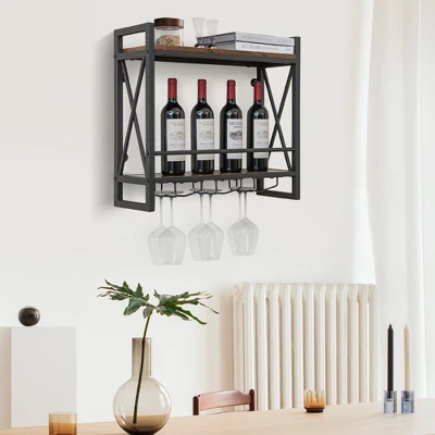 Costway Wall Mounted Wine Rack Industrial 2-Tier Wood Shelf With 3 Stem Glass Holders 3 Costway Wall Mounted Wine Rack Industrial 2-Tier Wood Shelf With 3 Stem Glass Holders
