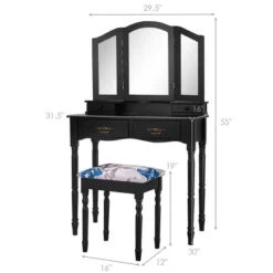Costway Black Tri Folding Mirror Vanity Makeup Table Stool 4 Drawers 13 Costway Black Tri Folding Mirror Vanity Makeup Table Stool 4 Drawers -Famous Furniture Store GUEST ede71e21 bf9d 4120 b9c3 584c77452b64