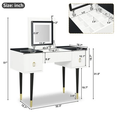 43.3" Modern Vanity Table Set With Flip-Up Mirror, LED Lights And Storage - ModernLuxe 4 43.3" Modern Vanity Table Set With Flip-Up Mirror, LED Lights And Storage - ModernLuxe - Image 2