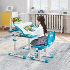 Costway Height Adjustable Kids Study Table And Chair Set W/Bookstand & Light Pink/Light Blue -Famous Furniture Store GUEST f74f0988 49cc 4ed5 a956 160fecf08e2b