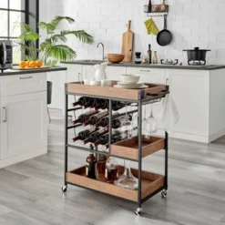 12 Bottles Rustic Walnut Wood And Metal Rolling Farmhouse Style Bar Cart Brown/Black - Danya B. -Famous Furniture Store GUEST f7f3d58f 0af3 4088 bba9 9d08a9214ccc