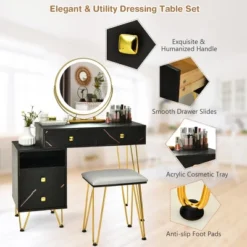 Costway Vanity Table Stool Set Dimmer LED Mirror Large Storage Cabinet Drawer Walnut BlackBrownWhite -Famous Furniture Store GUEST faa2c5e9 3f12 408f 9652 b7523a97645a