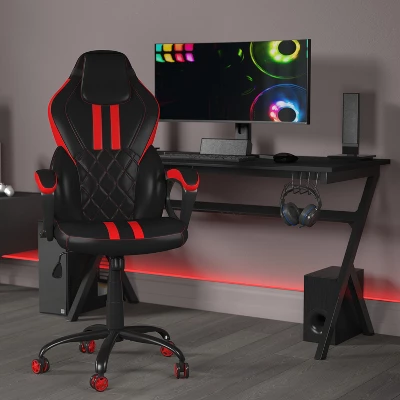 Emma And Oliver Ergonomic High Back Swivel Gaming Chair With Diamond Stitch Black Faux Leather Upholstery With Red Accent Stripes, Padded Arms 3 Emma And Oliver Ergonomic High Back Swivel Gaming Chair With Diamond Stitch Black Faux Leather Upholstery With Red Accent Stripes, Padded Arms