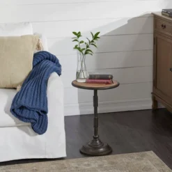 Industrial Wood Pedestal Accent Table Brown - Olivia & May